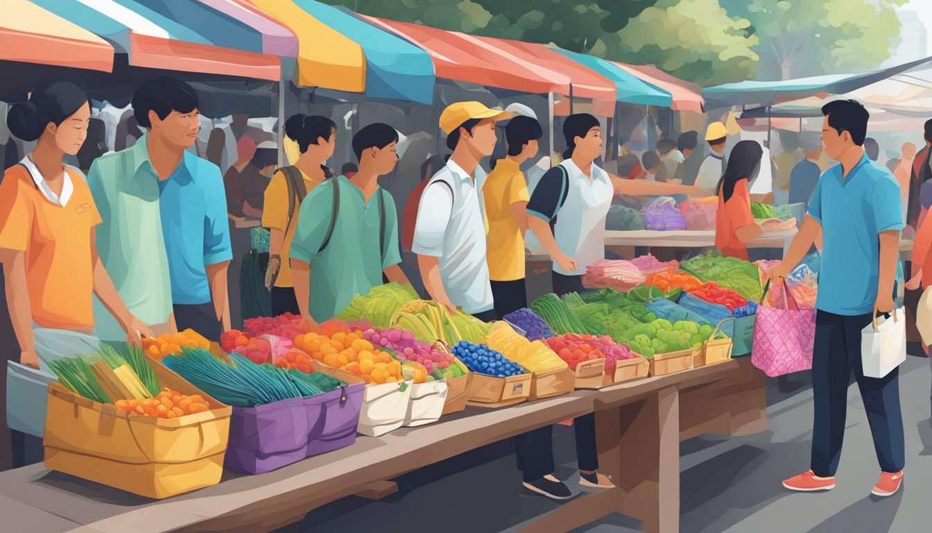 A bustling market stall in Singapore displays an array of colorful tote bags, catching the eye of passersby with their unique designs and patterns