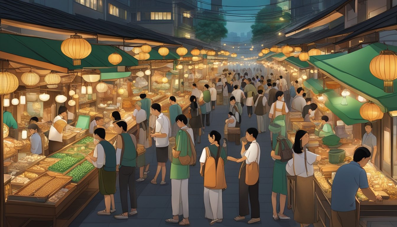 A bustling market in Singapore showcases rows of exquisite jade jewelry and sculptures, with vendors proudly displaying their finest pieces under the warm glow of overhead lights