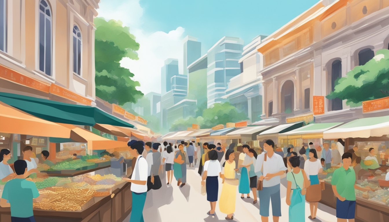 A bustling market street in Singapore, with vibrant stalls selling jade jewelry and sculptures. Curious shoppers browse and inquire about the origins of the precious stone