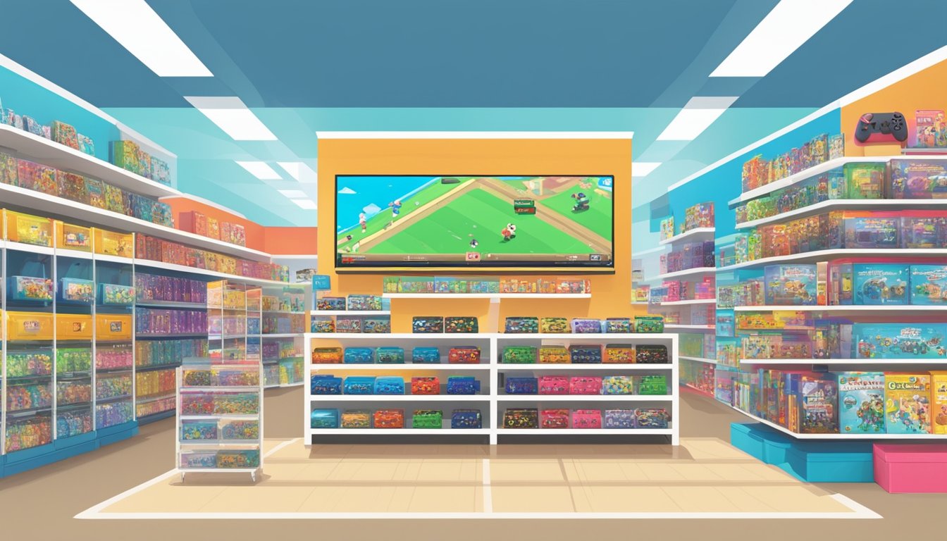A brightly lit store display showcases a variety of games and accessories for the Nintendo Switch. Shelves are neatly organized with colorful game cases and controllers, inviting customers to browse and make a purchase