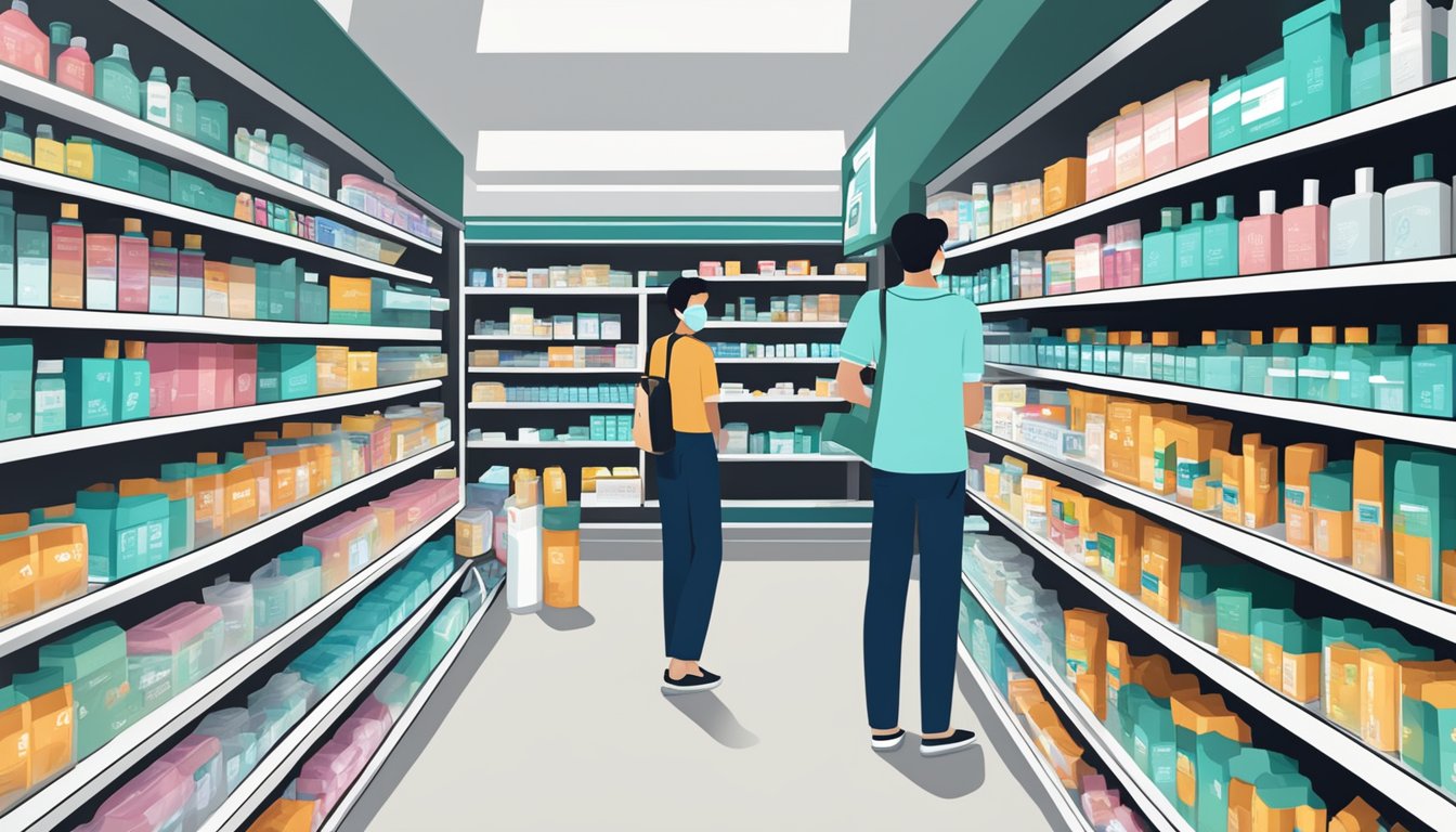 A crowded pharmacy shelves with N95 masks, a sign "N95 masks available here" in Singapore