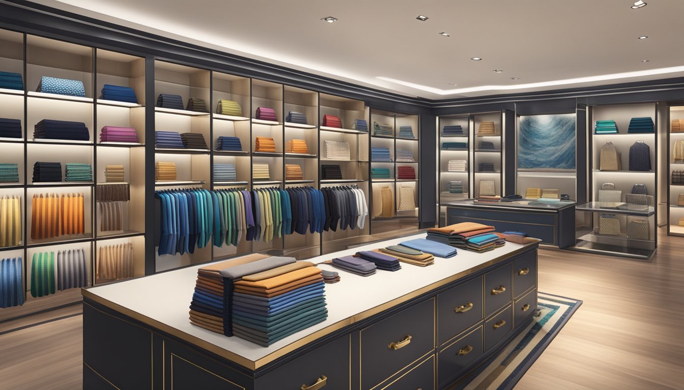 A well-lit boutique with neatly organized shelves displaying a variety of colorful and patterned ties in Singapore