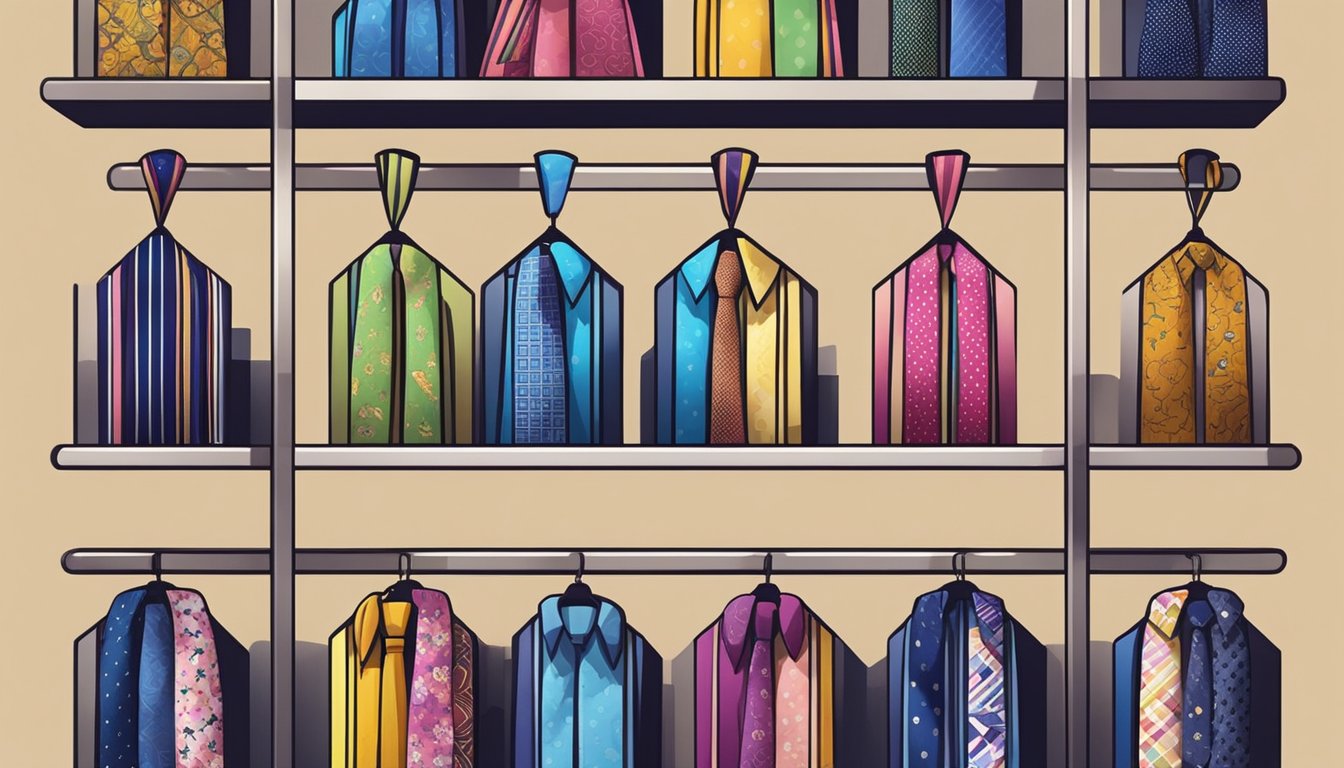 A colorful display of ties in various patterns and textures adorns the shelves of a well-lit boutique in Singapore. Brightly lit signage and elegant decor add to the sophisticated ambiance
