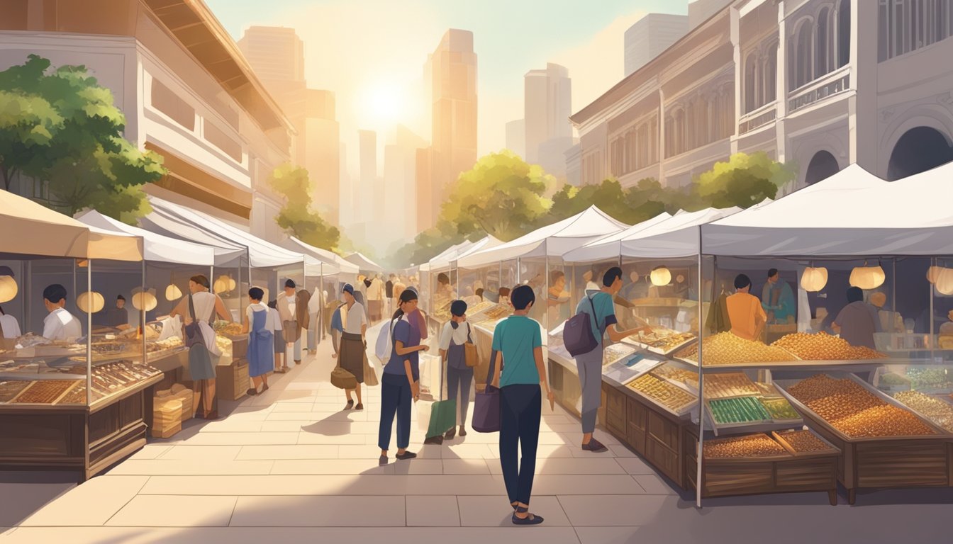 A bustling marketplace in Singapore, with vendors selling gleaming silver jewelry and artifacts. Shoppers admire the shimmering displays under the warm glow of the sun