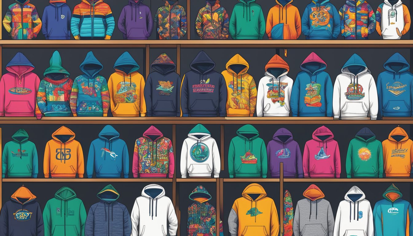 Vibrant hoodie brands displayed on shelves with bold logos and eye-catching designs
