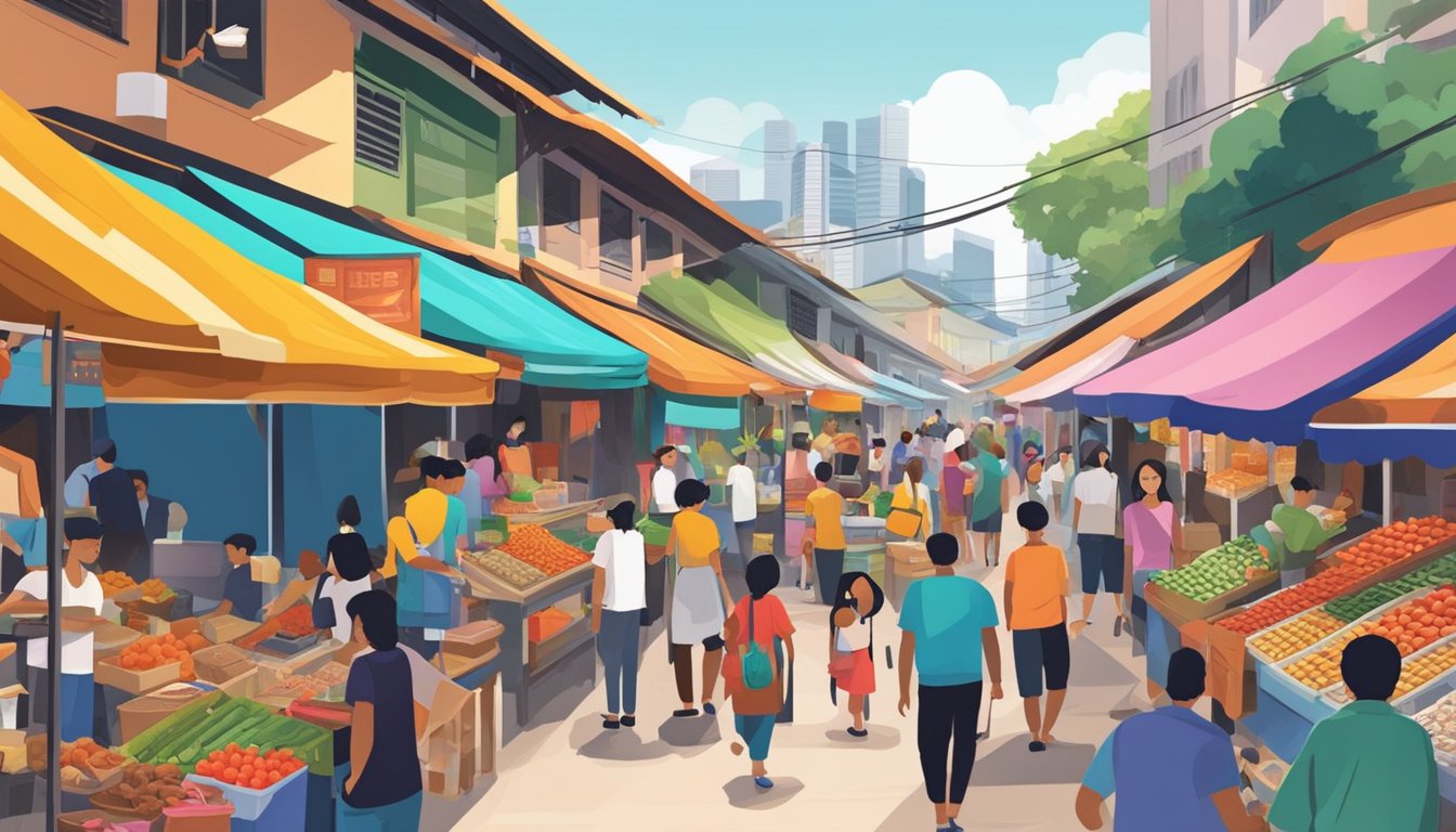 A bustling marketplace in Singapore, with vendors hawking goods and customers browsing through a variety of items. Brightly colored stalls line the streets, creating a vibrant and lively atmosphere