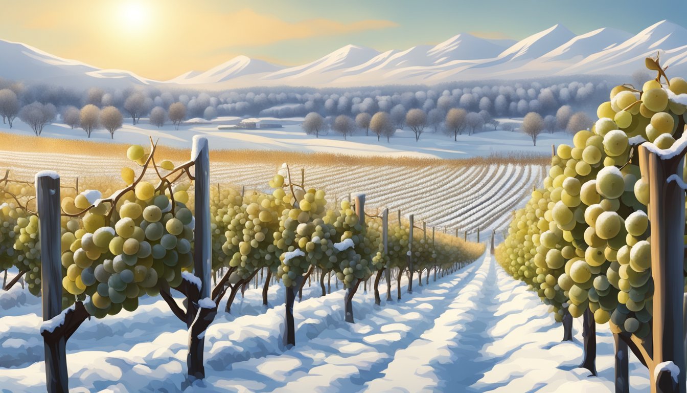 Vineyard rows blanketed in snow, with frozen grapes glistening in the winter sun, ready for harvesting for ice wine brands