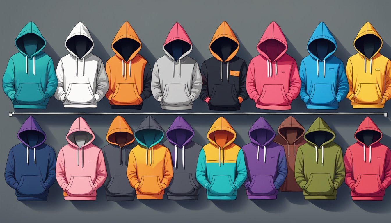 A colorful array of trendy hoodies arranged in a display, showcasing the evolution of hoodie fashion from various popular brands