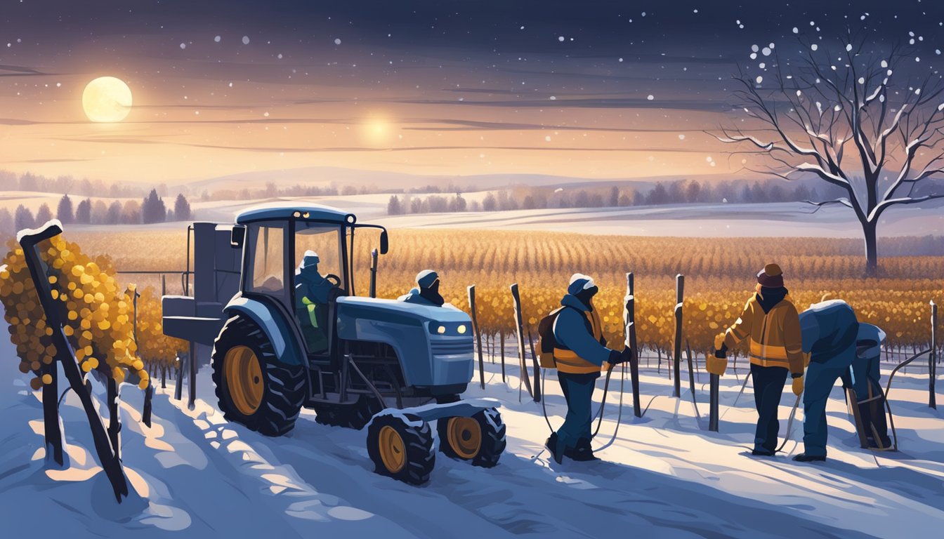Vineyard workers harvest frozen grapes at night for ice wine production. Snow-covered vines glisten under the moonlight