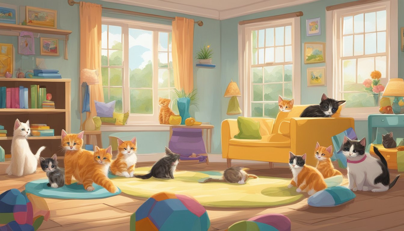 A variety of kittens playfully roam in a bright, spacious room, each displaying unique personalities and colors. The room is filled with toys and cozy resting spots, creating a warm and inviting atmosphere for potential adopters