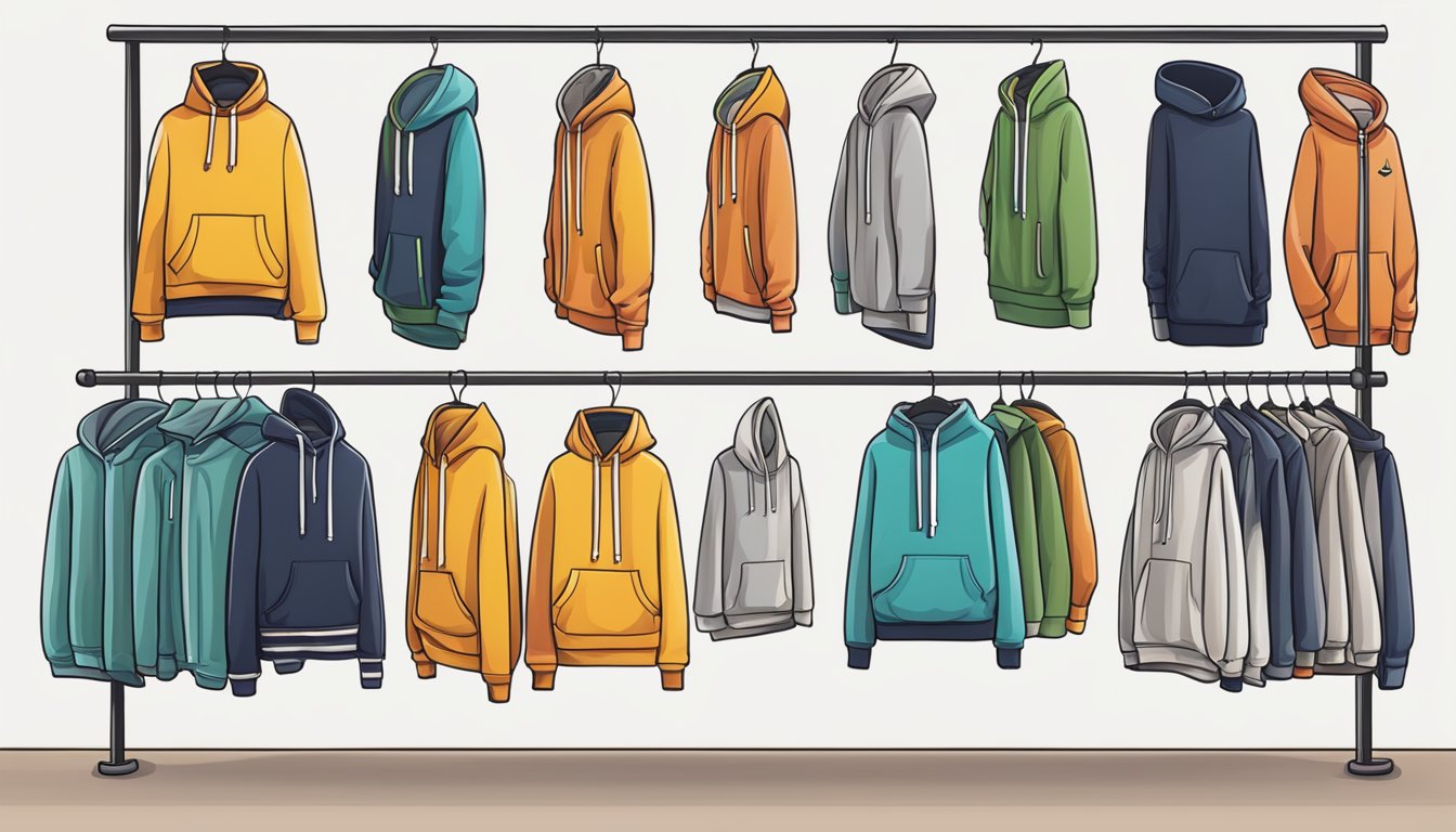 A colorful display of trendy hoodie styles arranged on a clothing rack, with accompanying fashion accessories and styling suggestions