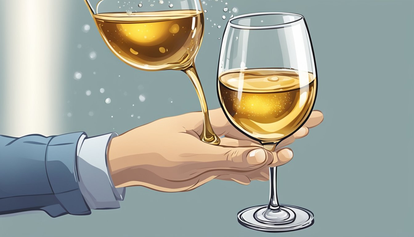 A hand reaches for a bottle of ice wine, pouring it into a glass. The glass is held up to the light, the golden liquid sparkling within. A smile forms as the person takes a sip, savoring the sweet and crisp flavor