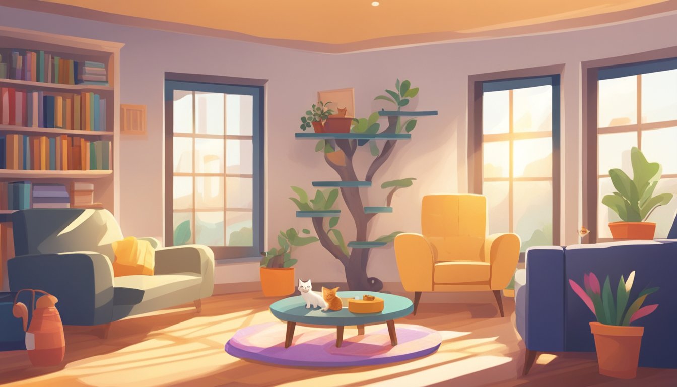 A cozy living room with a cat tree, toys, and a litter box. Sunlight streams in through the window as the kitten plays and explores its new home