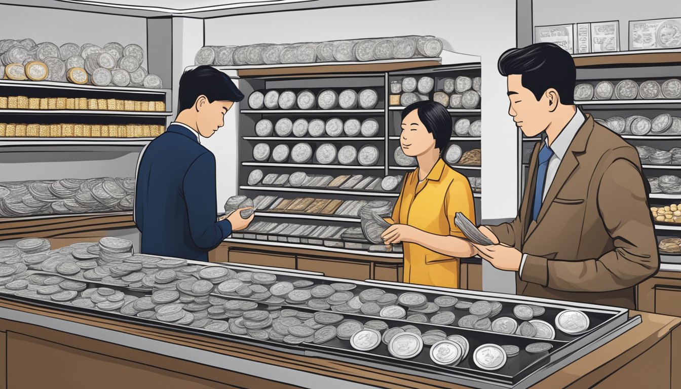 Customers browsing silver coins and bars at a Singaporean bullion dealer. Shelves display various products, while a staff member assists a customer