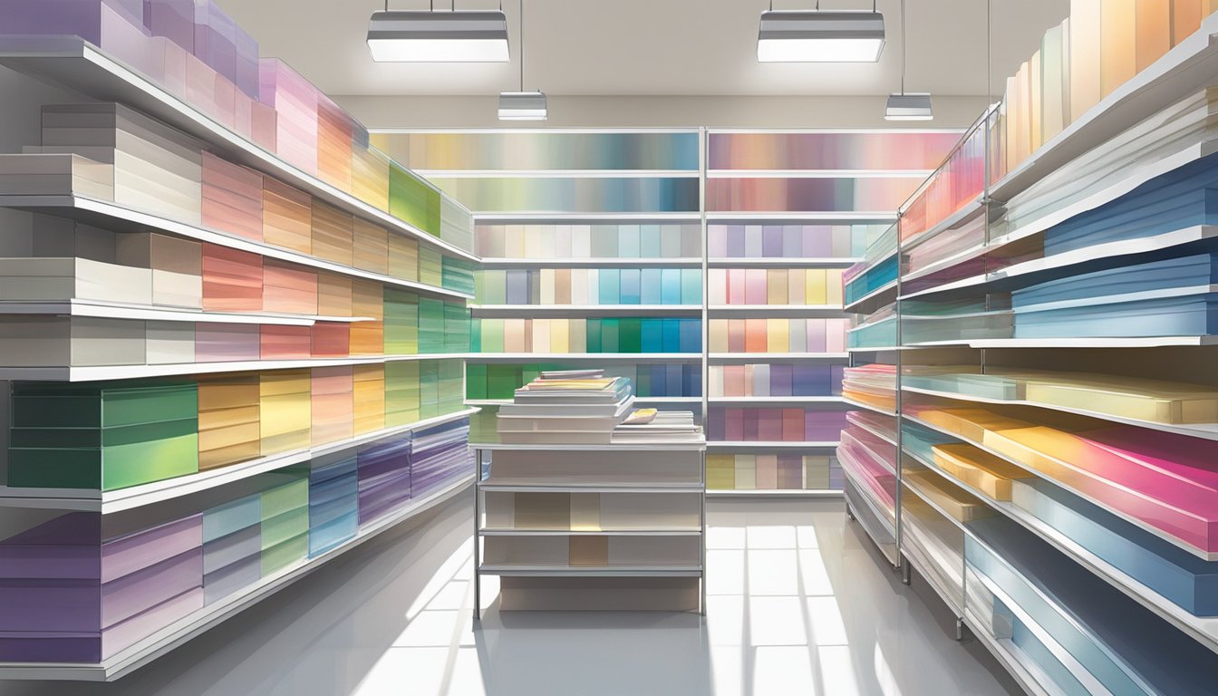 Acrylic sheets stacked in a well-lit store, with various sizes and colors on display, surrounded by shelves of other art supplies