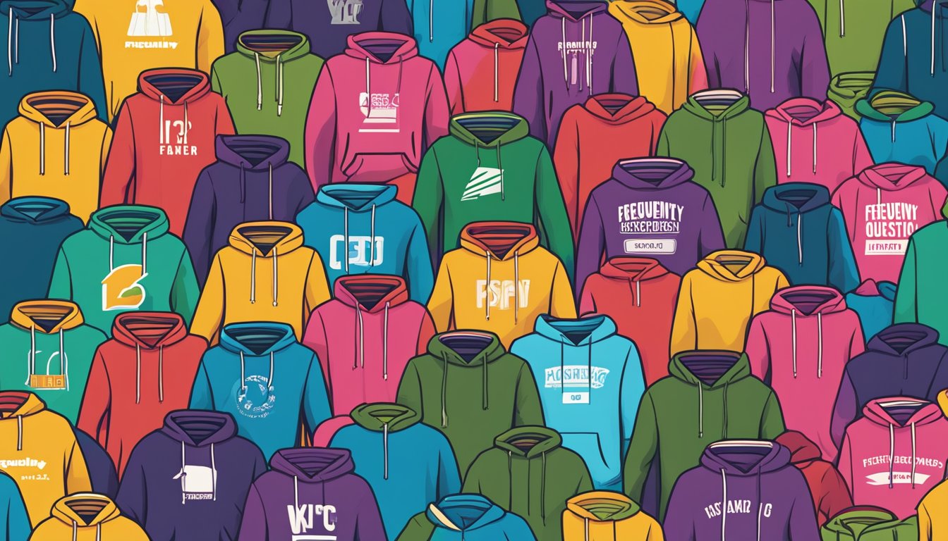 A stack of colorful hoodie brands with "Frequently Asked Questions" text in bold