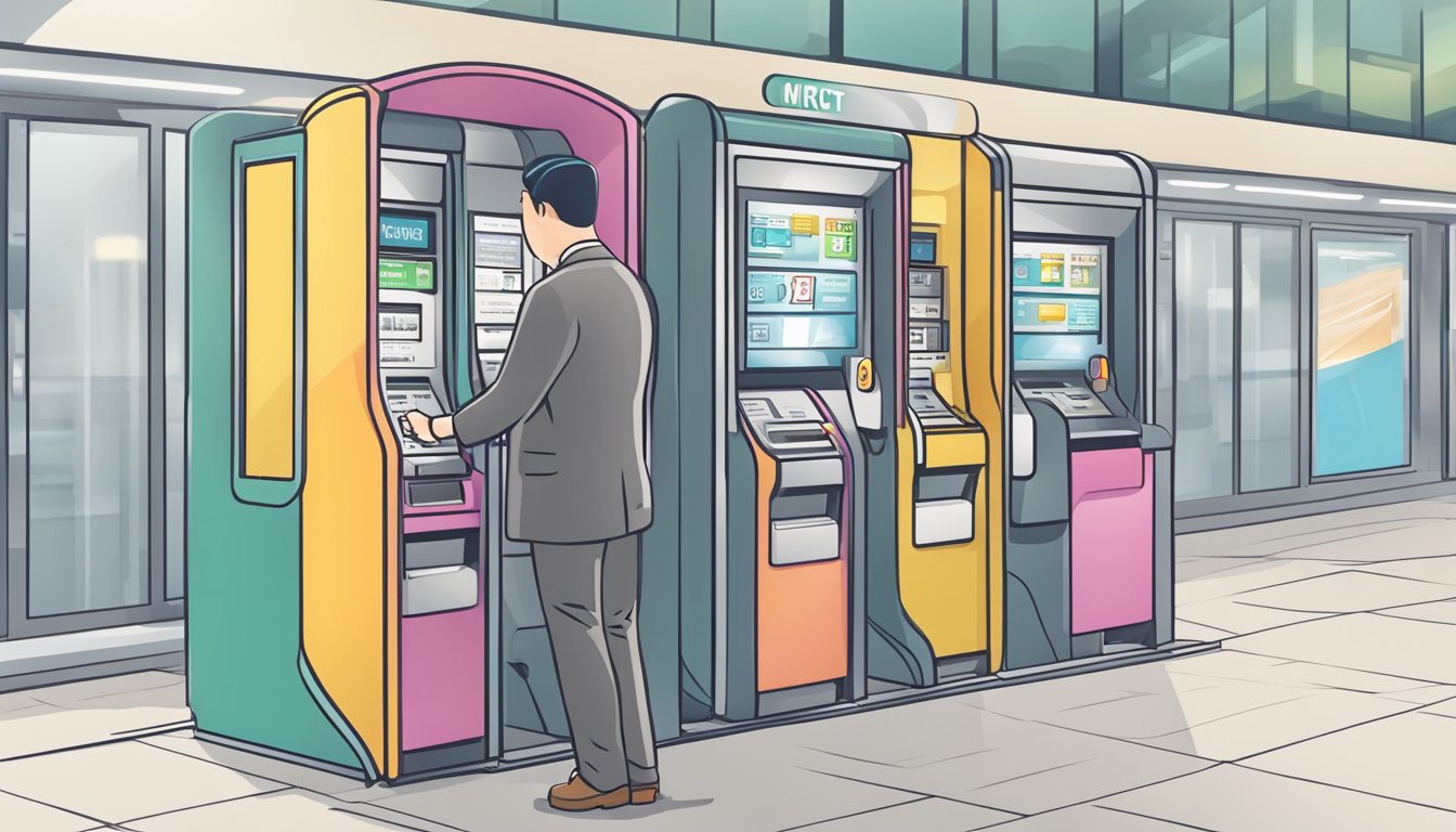 A person approaches the MRT ticket machine, selects destination, inserts money, and collects the ticket