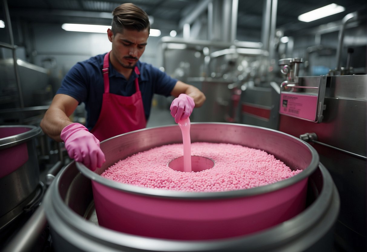 A factory worker pours pink liquid into a large mixing vat, adding in sugar and artificial flavoring to create bubblegum flavor for the chewing gum production line