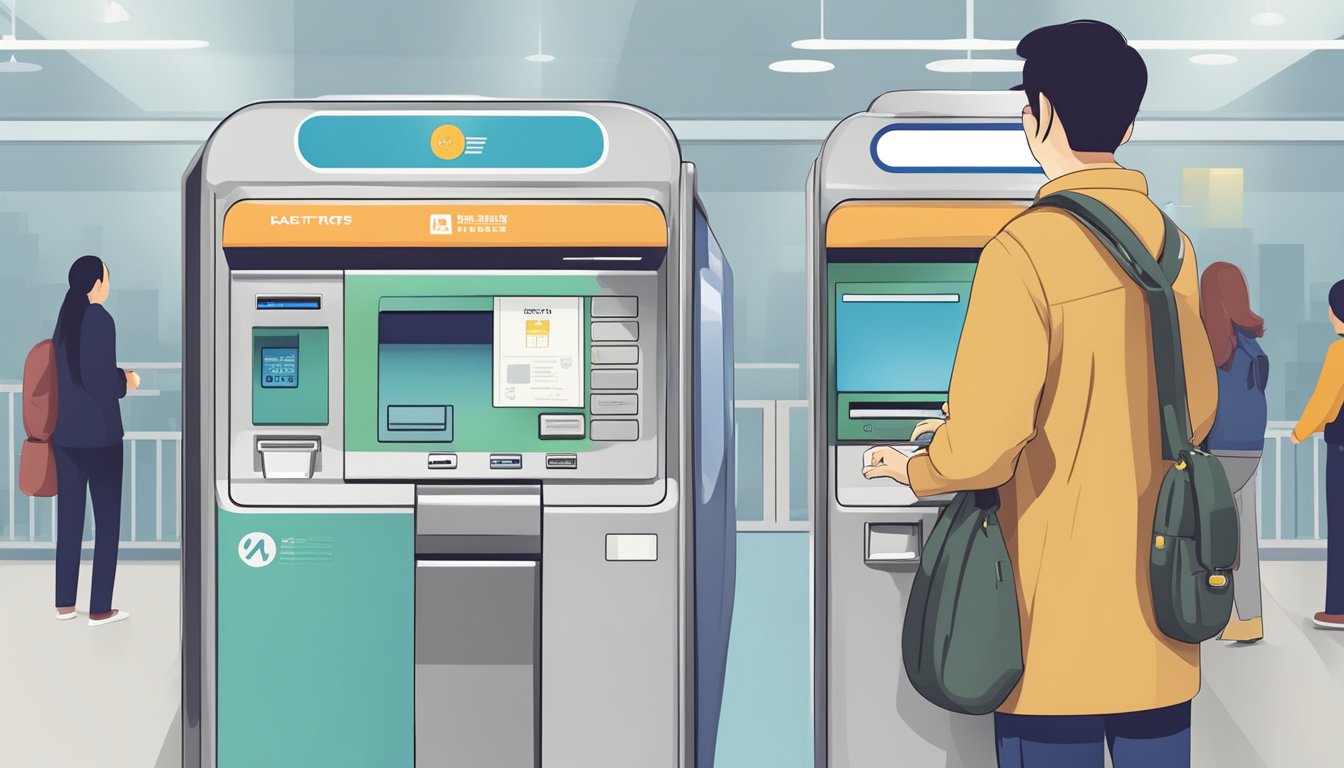 Passenger approaches MRT ticket machine, selects destination, inserts cash or card, receives ticket