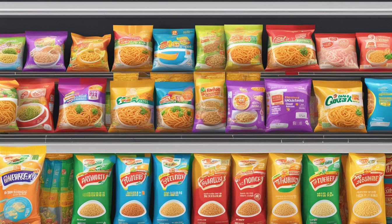 A variety of colorful instant noodle packages from different Singaporean brands arranged on a shelf in a grocery store
