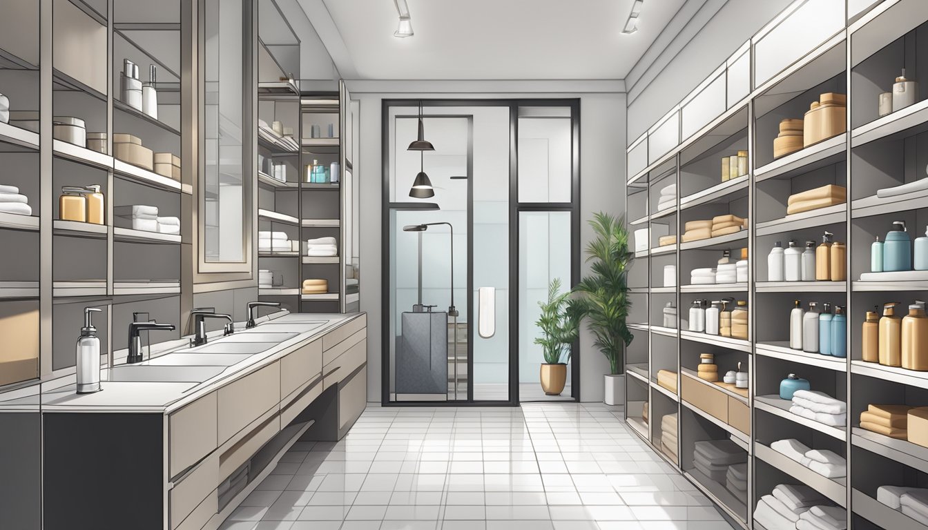 A modern bathroom accessories store in Singapore with shelves filled with various products and a clean, minimalist design