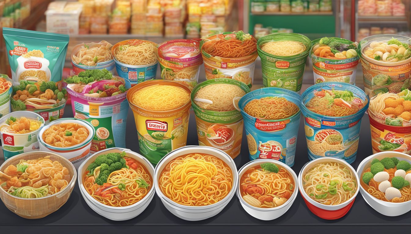 A bustling market stall displays a colorful array of instant noodle brands from Singapore, with vibrant packaging and enticing flavors