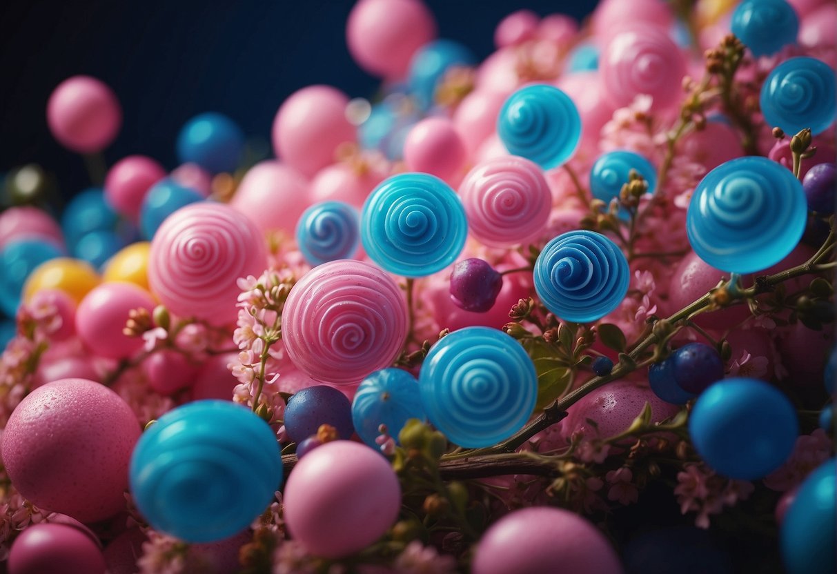 A colorful explosion of pink and blue swirls, with a hint of sweetness and a touch of fruitiness, reminiscent of childhood memories and fun