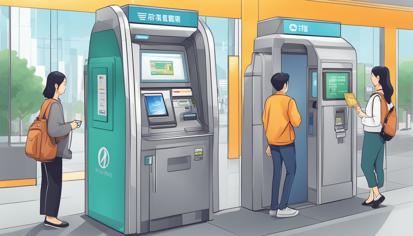 Passenger approaching MRT ticket machine, inserting money, selecting destination, and receiving ticket