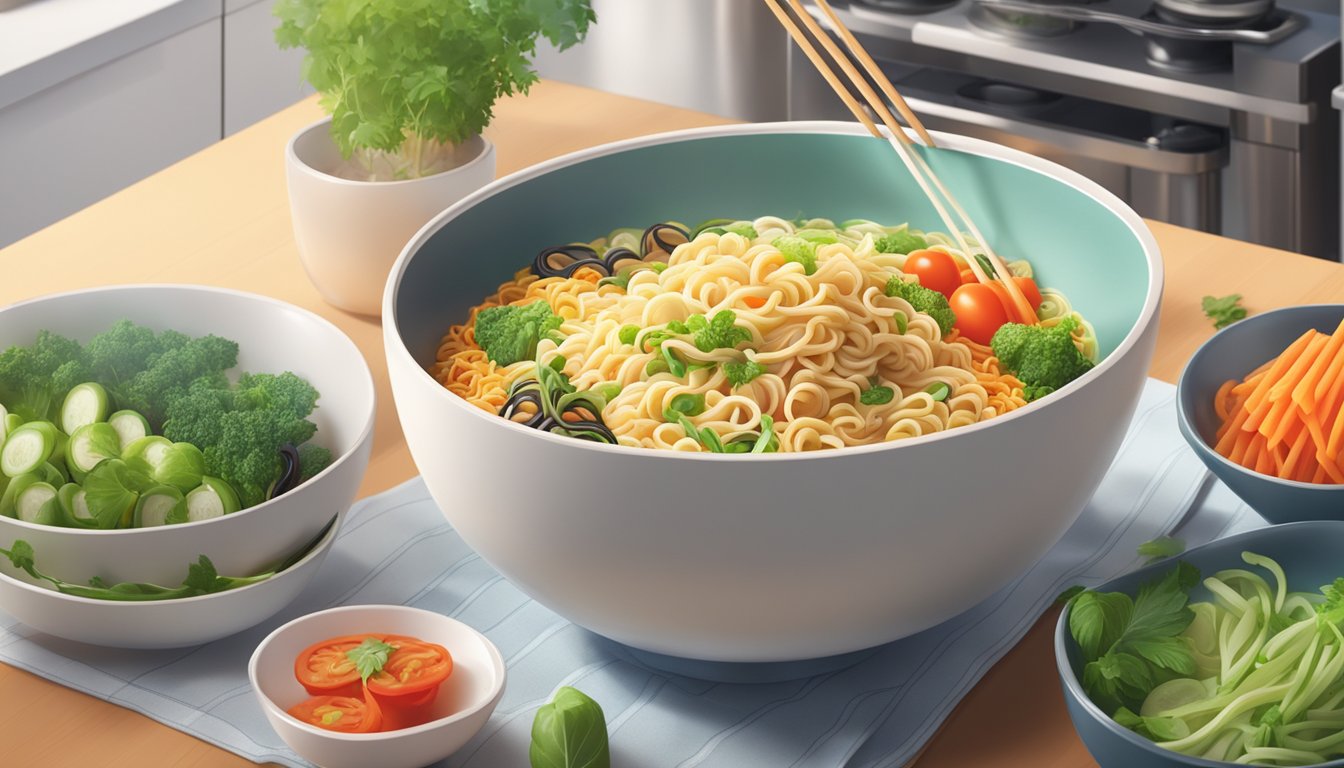 A steaming bowl of colorful instant noodles surrounded by fresh vegetables and herbs, with a modern kitchen backdrop
