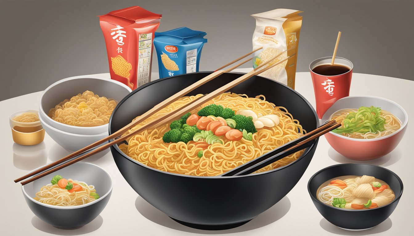 A table with various instant noodle brands packaging, a bowl of cooked noodles, and chopsticks