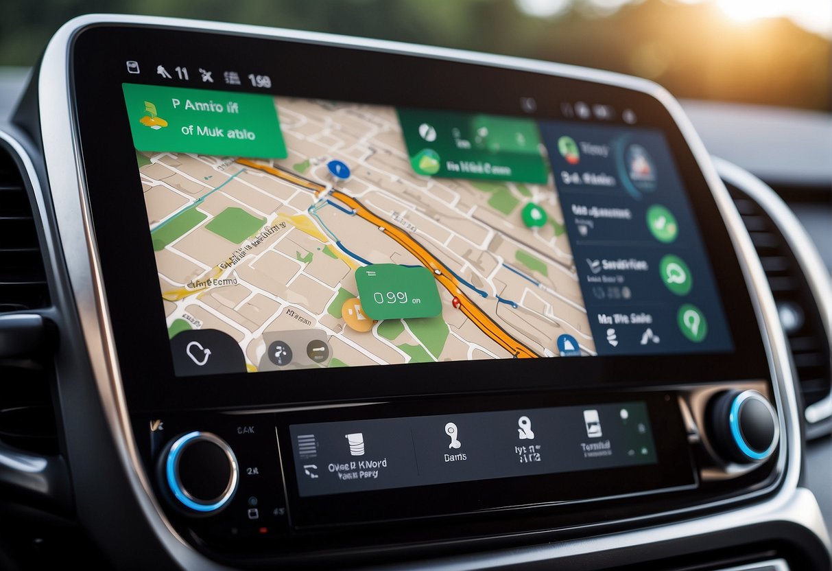 A car dashboard with an Android Auto interface displayed on the screen, showing navigation, music, and other app icons