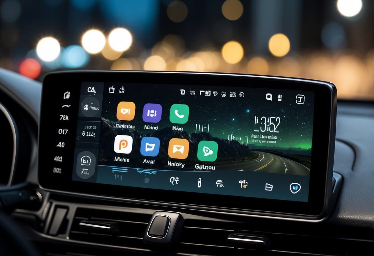 A car dashboard displaying the Android Auto interface with various app icons and navigation options