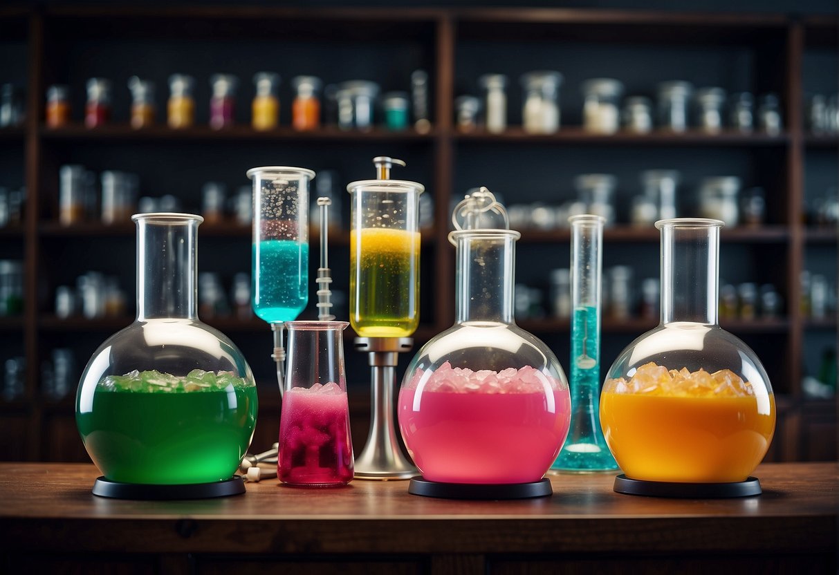 A colorful lab with bubbling beakers, test tubes, and scientific equipment. A giant bubblegum machine stands in the corner, surrounded by shelves of flavor extracts and ingredients