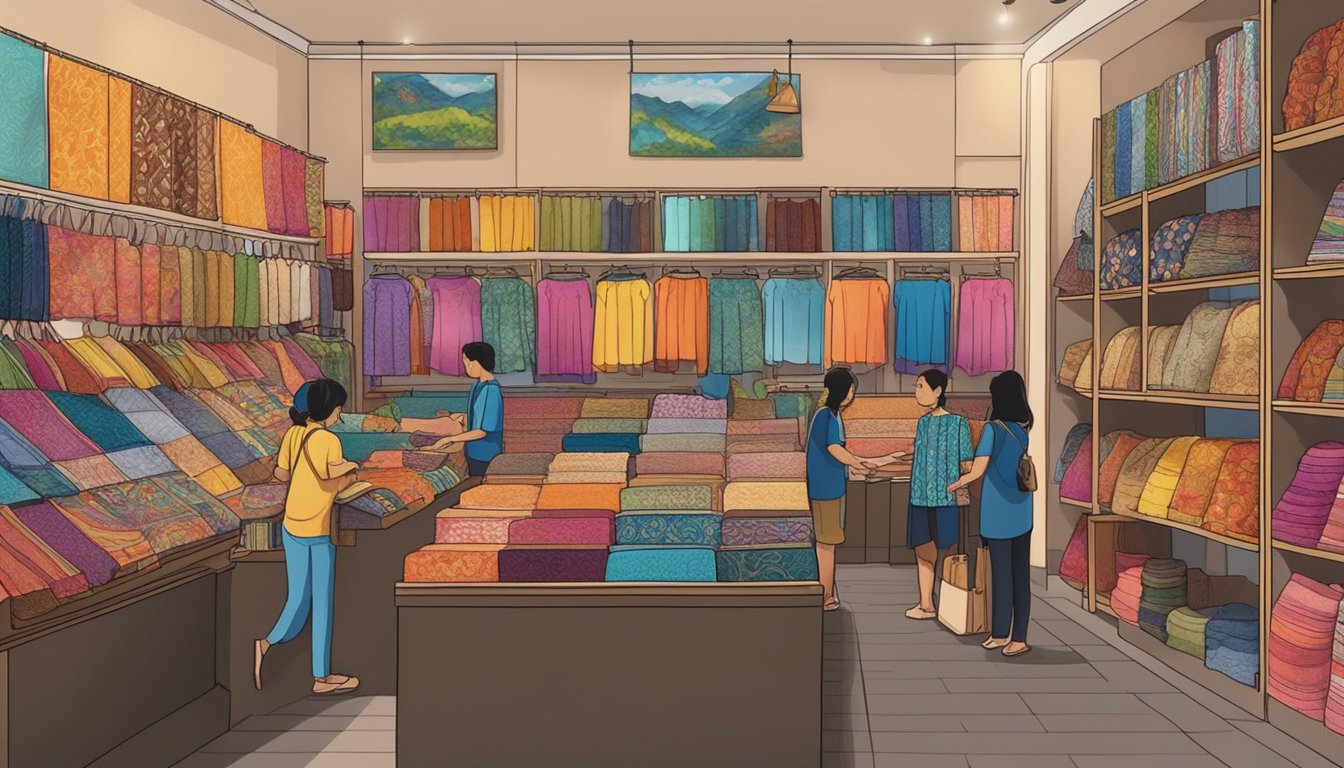 A colorful batik shop in Singapore, with rows of vibrant fabrics and intricate designs on display. Customers browse through the selection, while the shopkeeper arranges the textiles