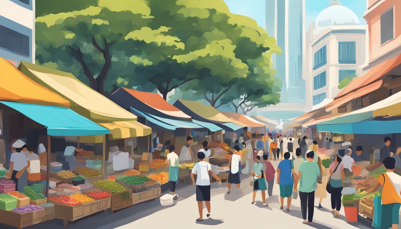 A bustling street market in Singapore, with colorful stalls selling various oils. A sign reads "Castor Oil" in bold letters. Pedestrians browse nearby