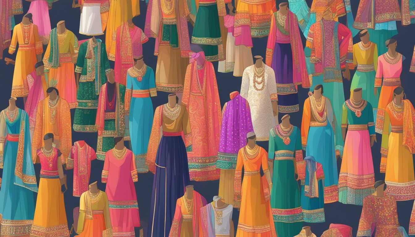 Vibrant Indian clothes displayed in a bustling Singapore market, with colorful fabrics and intricate designs