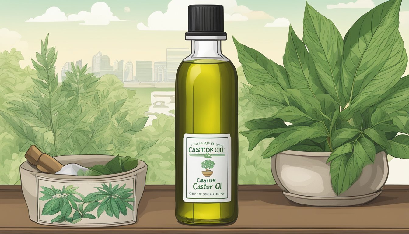 A bottle of castor oil sits on a shelf, surrounded by green leaves and a mortar and pestle. The label reads "Benefits and Uses of Castor Oil." In the background, a map of Singapore is displayed