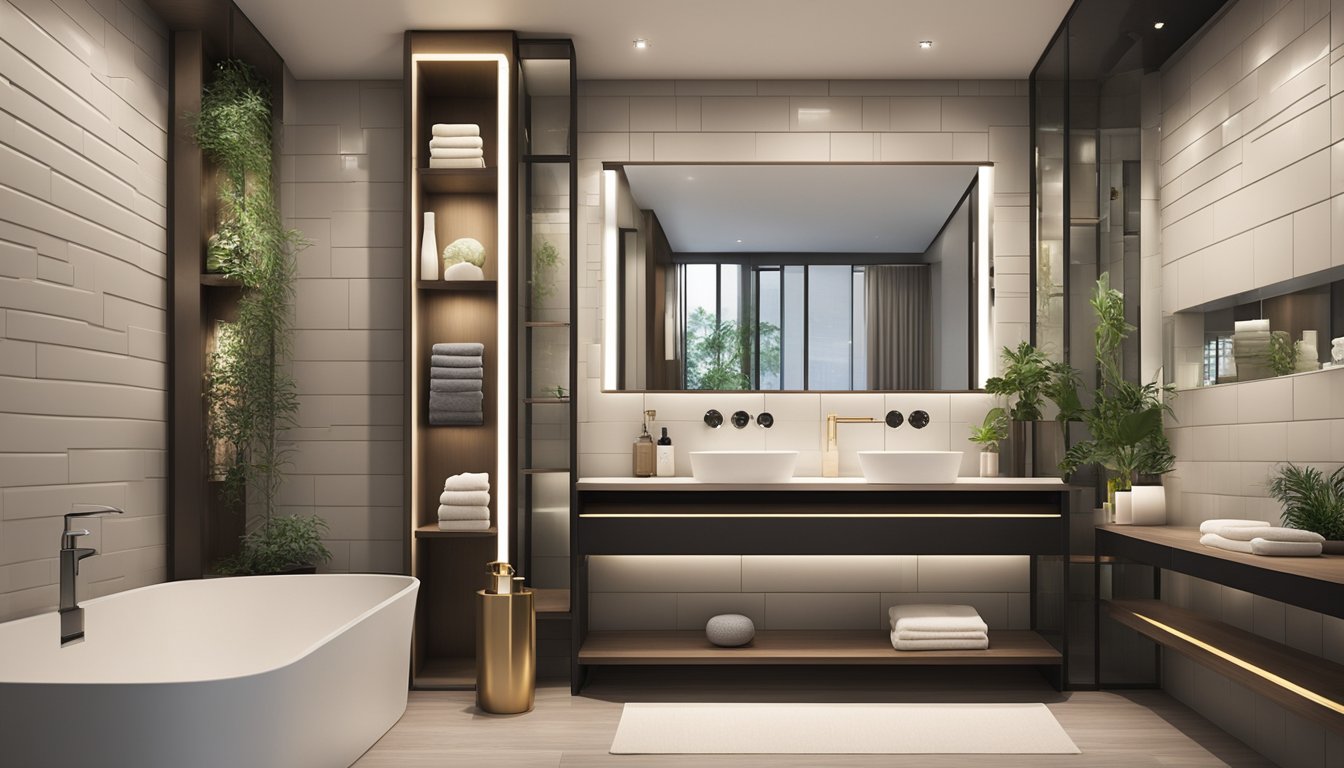 A modern bathroom showroom in Singapore, shelves lined with sleek accessories, from minimalist towel racks to elegant soap dispensers. Vibrant tiles and soft lighting create a welcoming atmosphere