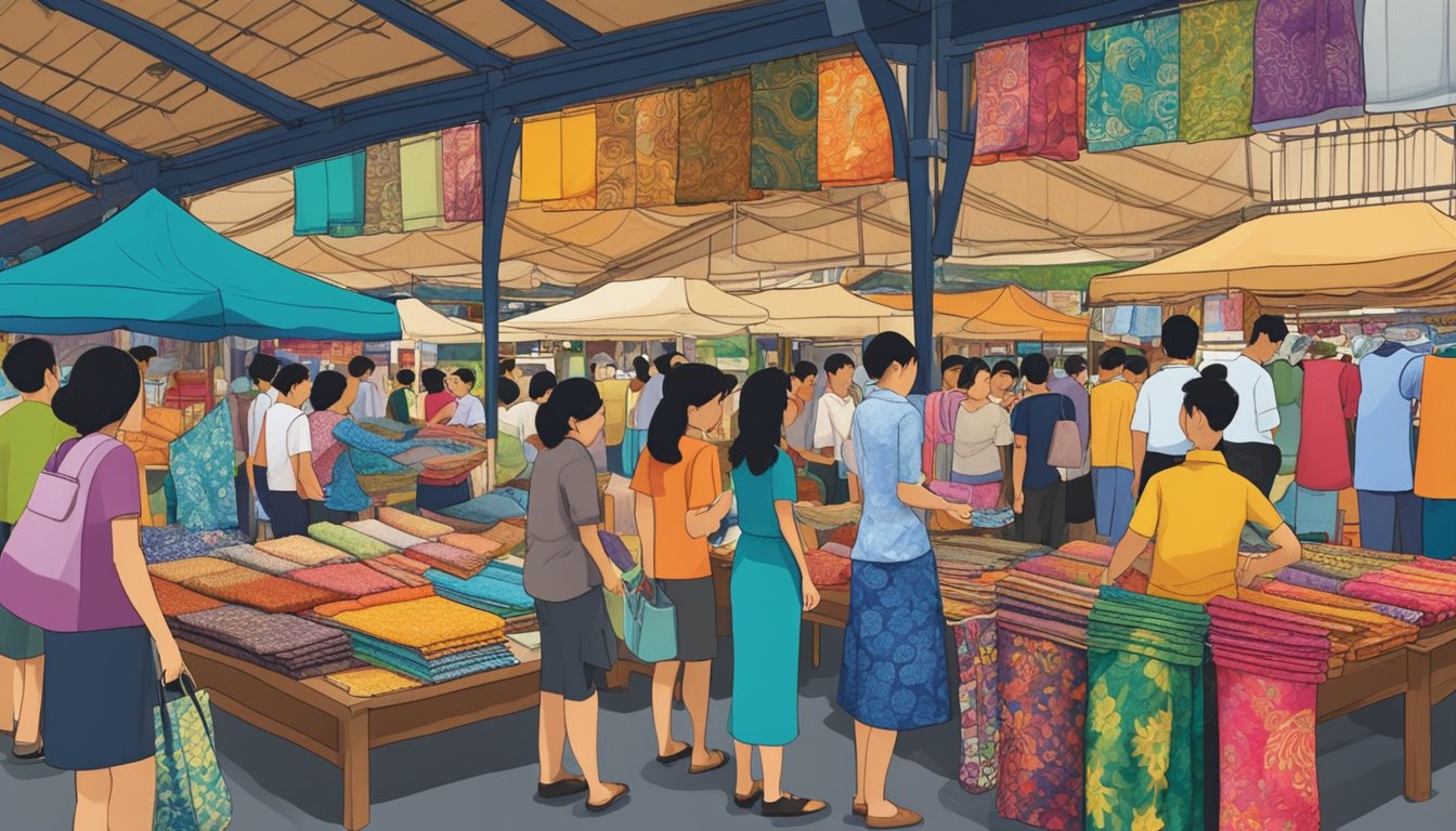 A bustling market stall displays colorful batik fabrics in Singapore. Customers browse through the selection, while a vendor answers questions about the unique textiles