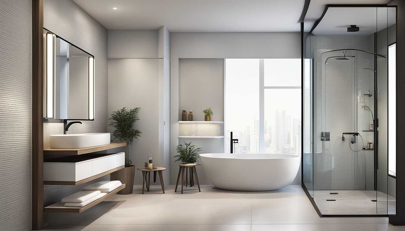 A modern bathroom showroom in Singapore displays sleek, high-quality accessories in various styles, from minimalist to luxurious, with a focus on functionality and aesthetics
