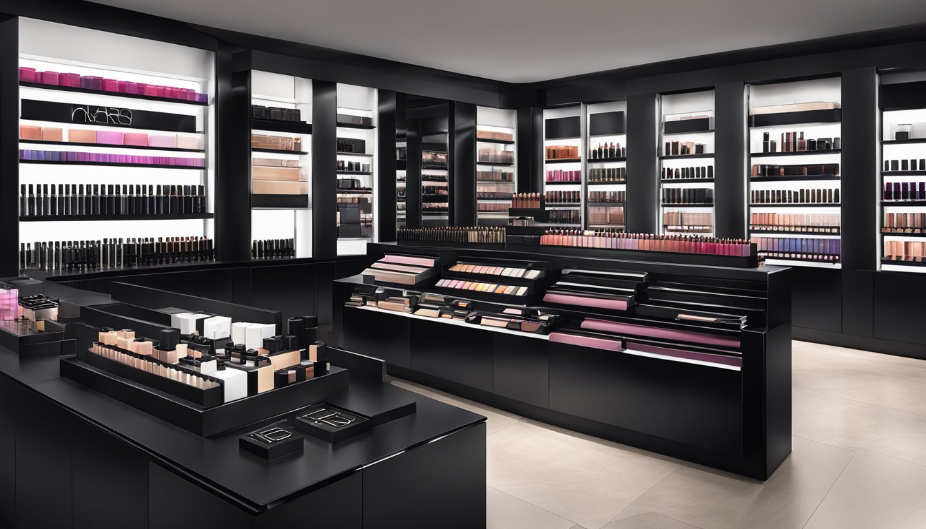 A luxurious display of NARS products on a sleek, black counter in a high-end boutique setting
