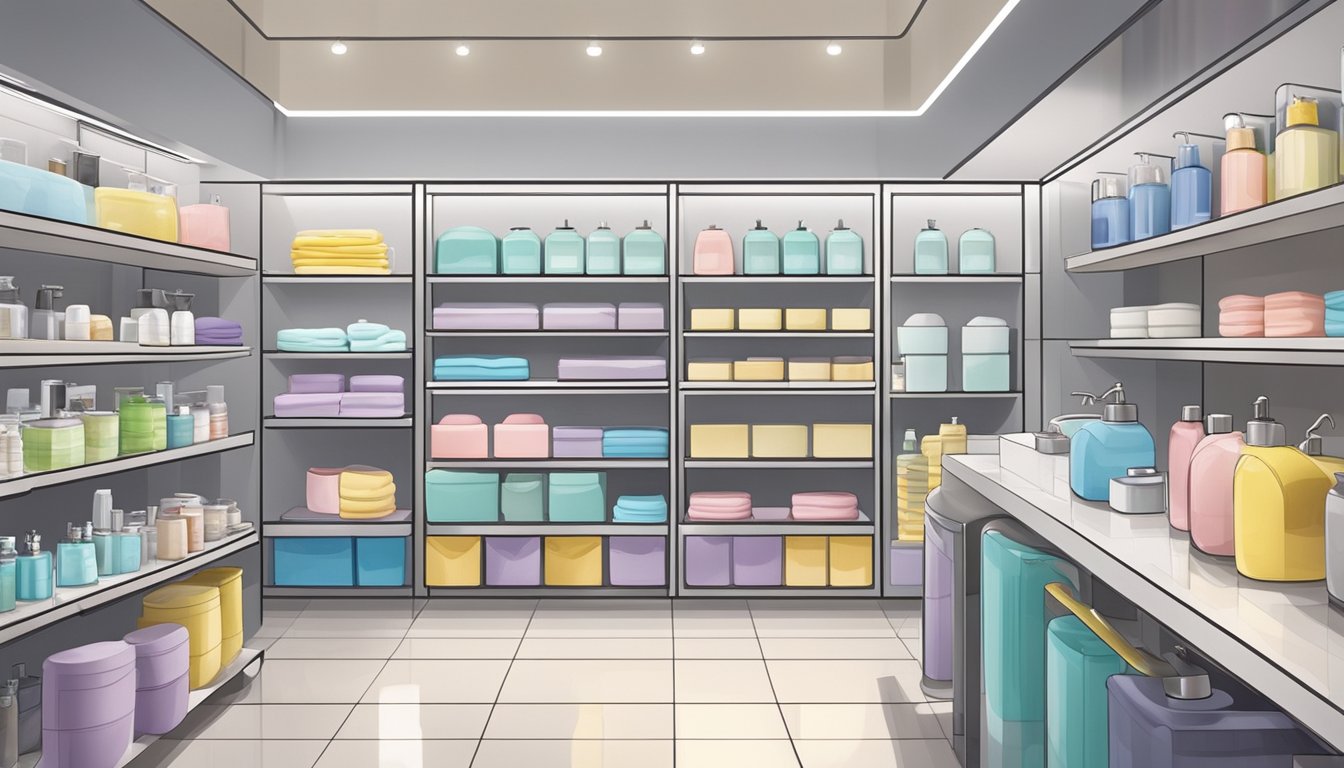 A display of bathroom accessories in a Singapore store, with shelves stocked with various items such as soap dispensers, toothbrush holders, and towels