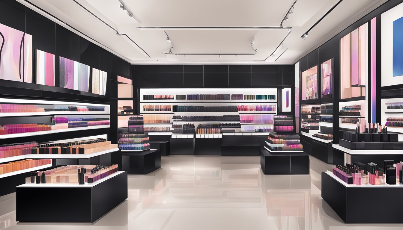 A luxurious display of NARS products arranged in an artistic and expressive manner, showcasing the brand's high-end status