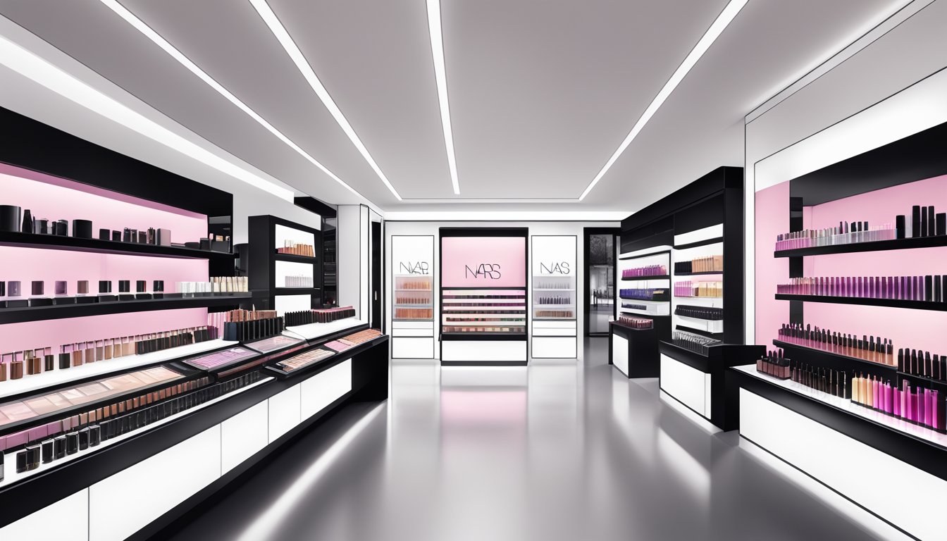 A sleek, modern beauty counter with NARS products displayed prominently. Bright lighting highlights the luxurious packaging and high-end branding
