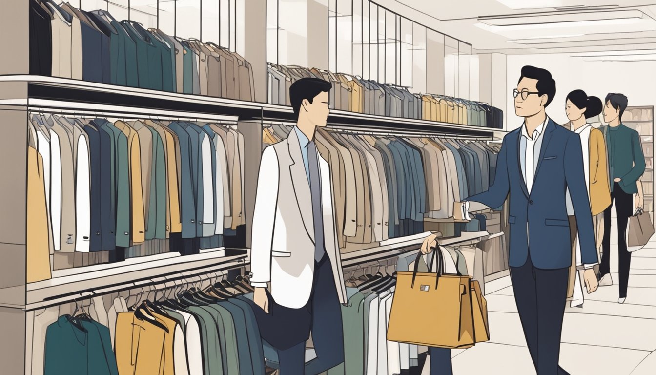 A sleek boutique in Singapore showcases racks of stylish blazers in various colors and patterns. Shoppers browse the selection, while a knowledgeable salesperson assists a customer