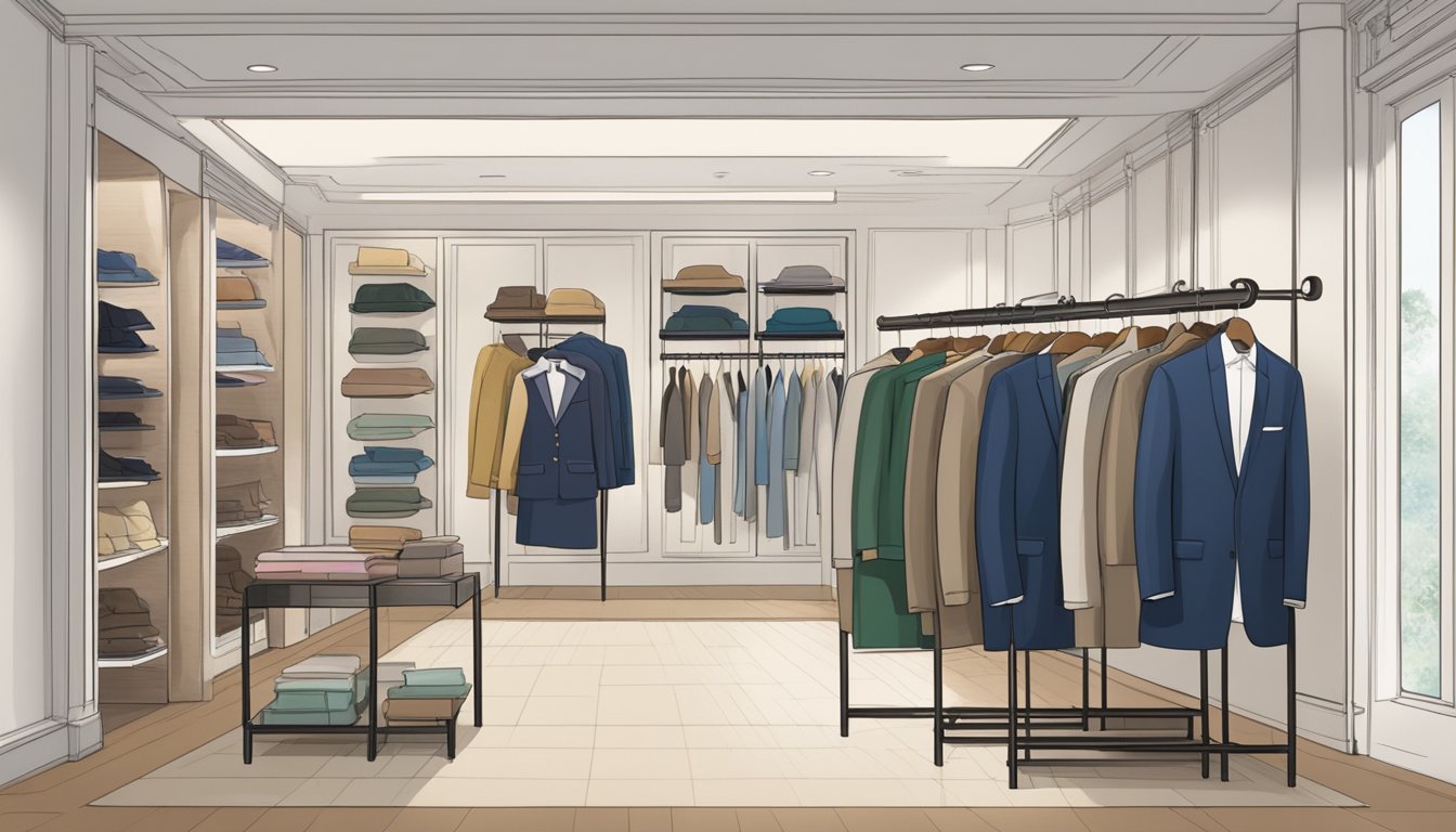 A stylish boutique in Singapore displays a variety of blazers in different colors and styles, neatly arranged on racks and shelves. A sign above the entrance reads "Blazers for Every Occasion."