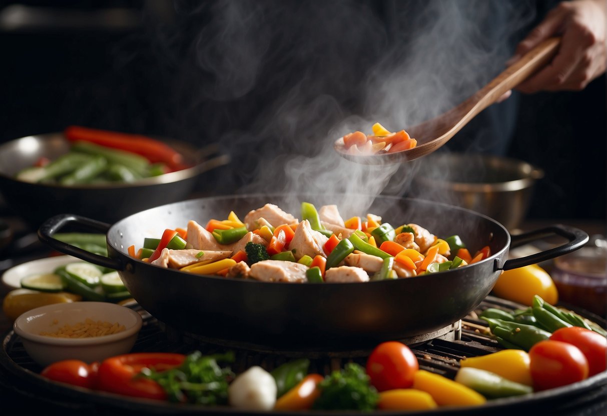 A wok sizzles with diced chicken, colorful vegetables, and aromatic spices. Steam rises as the chef effortlessly tosses the ingredients, creating a delicious and healthy Chinese chicken dish