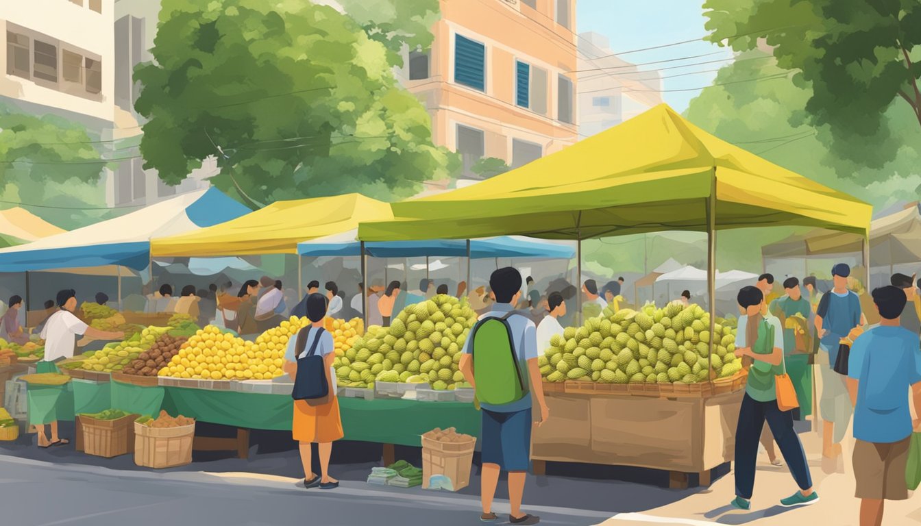A bustling street market in Singapore, with colorful stalls selling fresh durian fruit. The air is filled with the pungent aroma of the spiky, green husked fruit