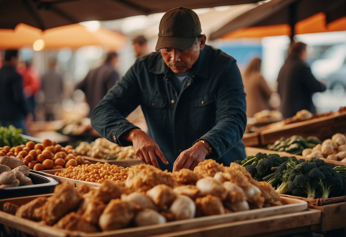 A person picking fresh chicken and vegetables from a market stall