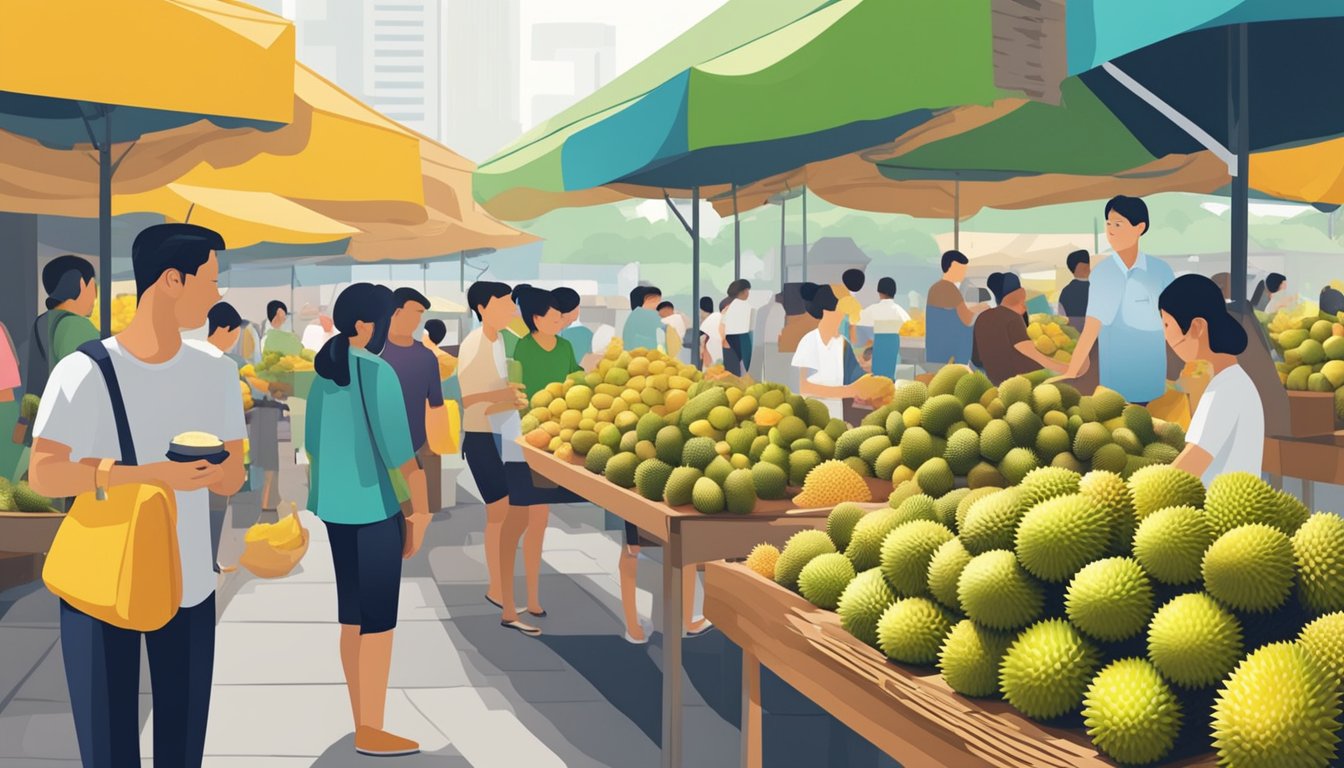 Customers selecting durian at a bustling market in Singapore, vendors showcasing a variety of the spiky fruit, with colorful signage advertising the best places to purchase durian